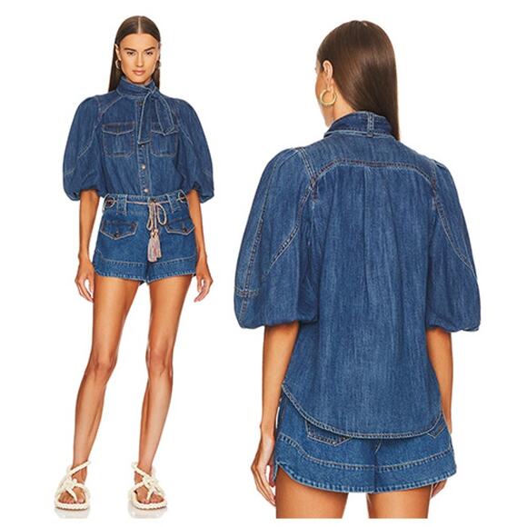 NWT Zimmerman Tiggy Denim Lantern Sleeve Top Women's Brilliant Blue Size: 8 - Picture 1 of 8